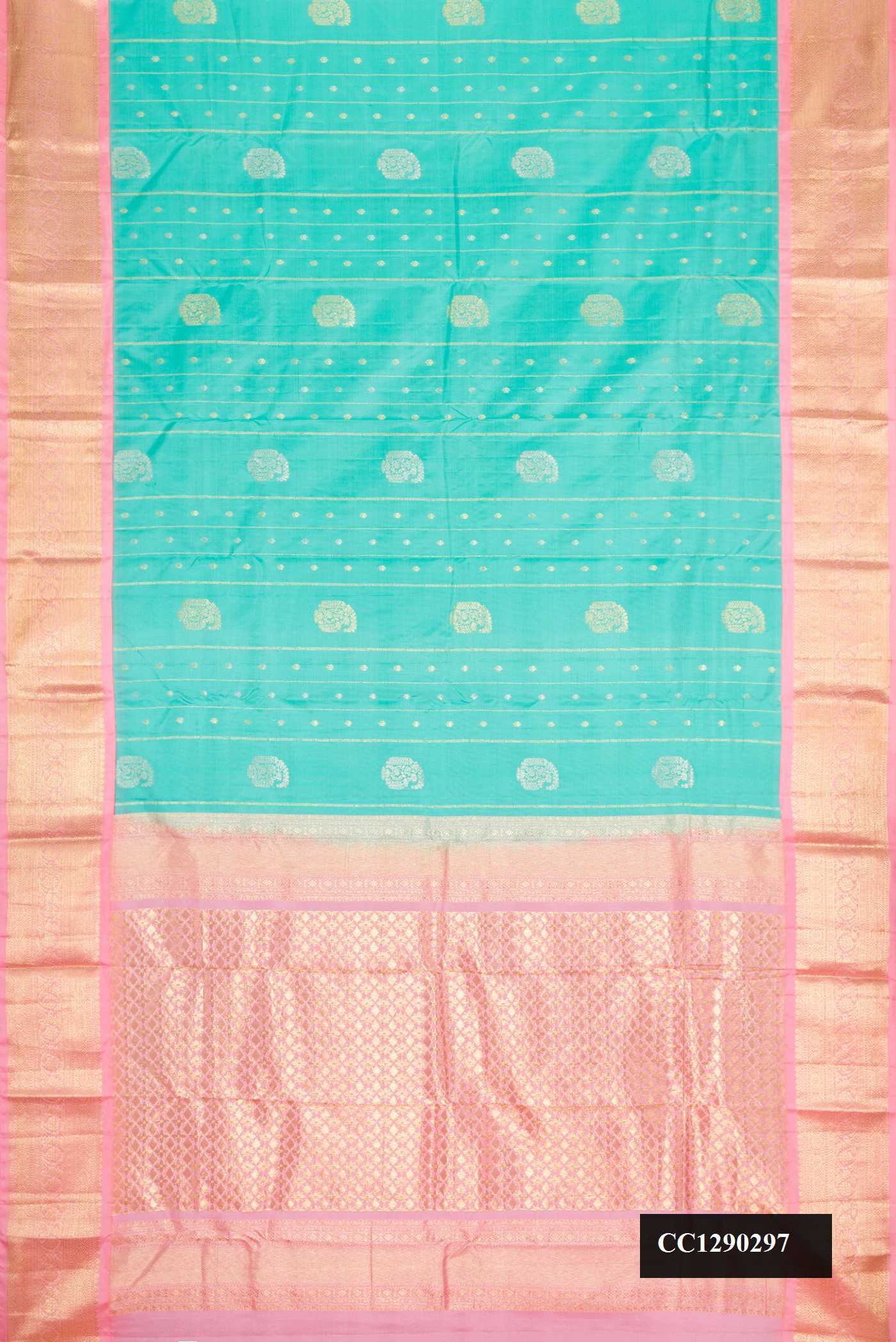 Sea Green Dual Tone Kanchipuram Silk Saree with Zari Butta on the body and Zari Border.  displayed on a mannequin