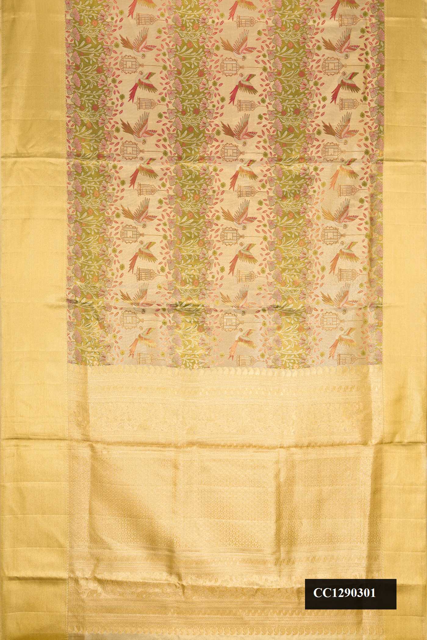 Brown Dual Tone Kanchipuram Tissue Silk Saree with Zari Brocade on the body and Zari Border.  displayed on a mannequin