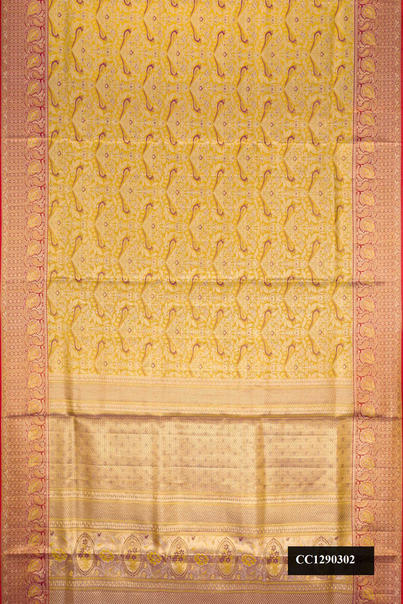 Gold Dual Tone Kanchipuram Silk Saree with Zari Brocade on the body and Zari Border.  displayed on a mannequin