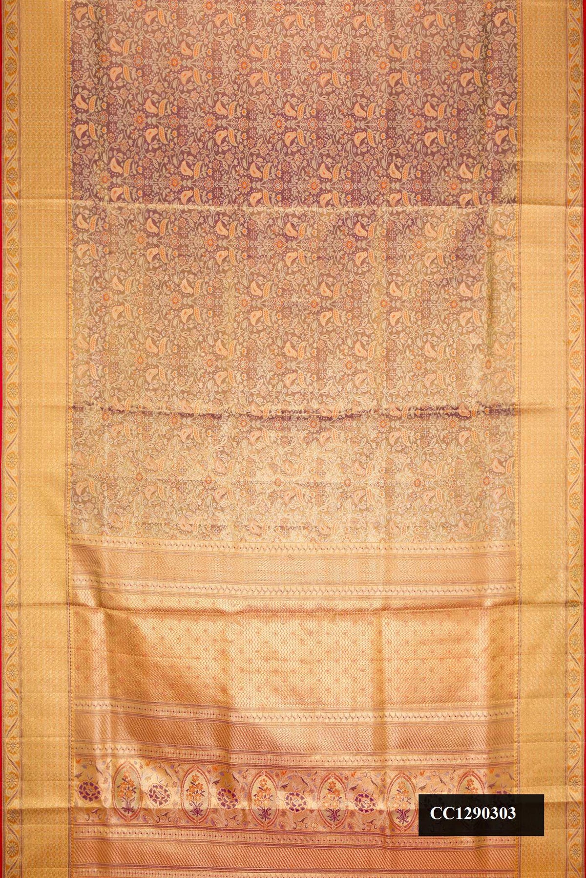 Grey Dual Tone Kanchipuram Tissue Silk Saree with Zari Brocade on the body and Zari Border.  displayed on a mannequin