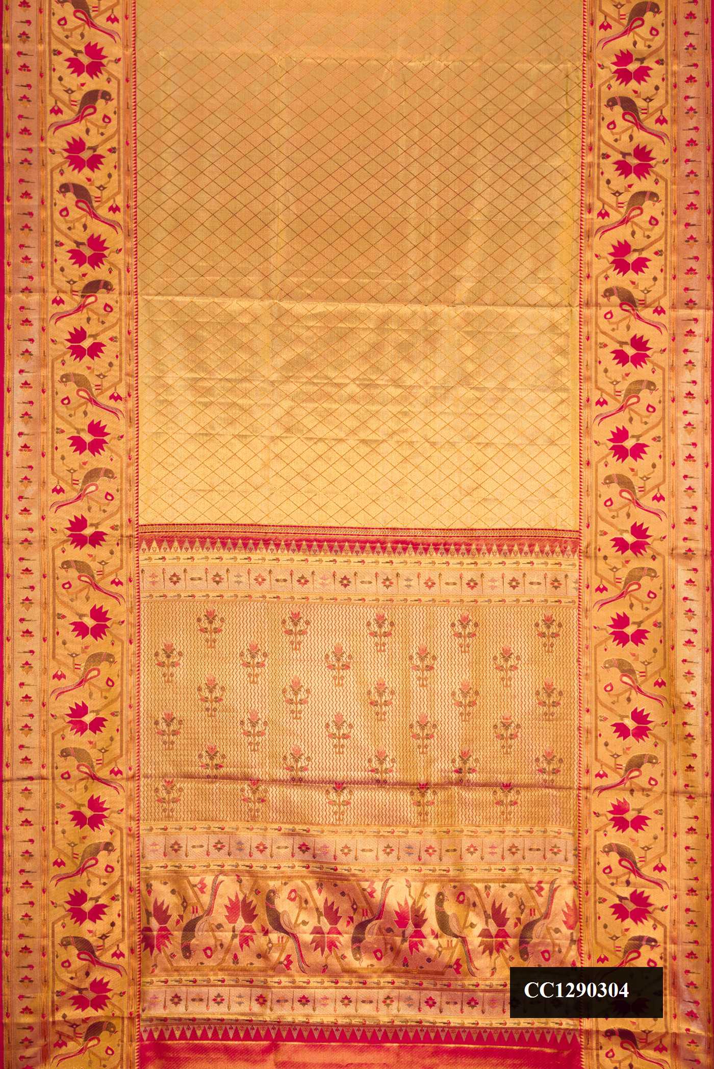 Gold Dual Tone Kanchipuram Tissue Silk Saree with Zari Brocade on the body and Zari Border.  displayed on a mannequin