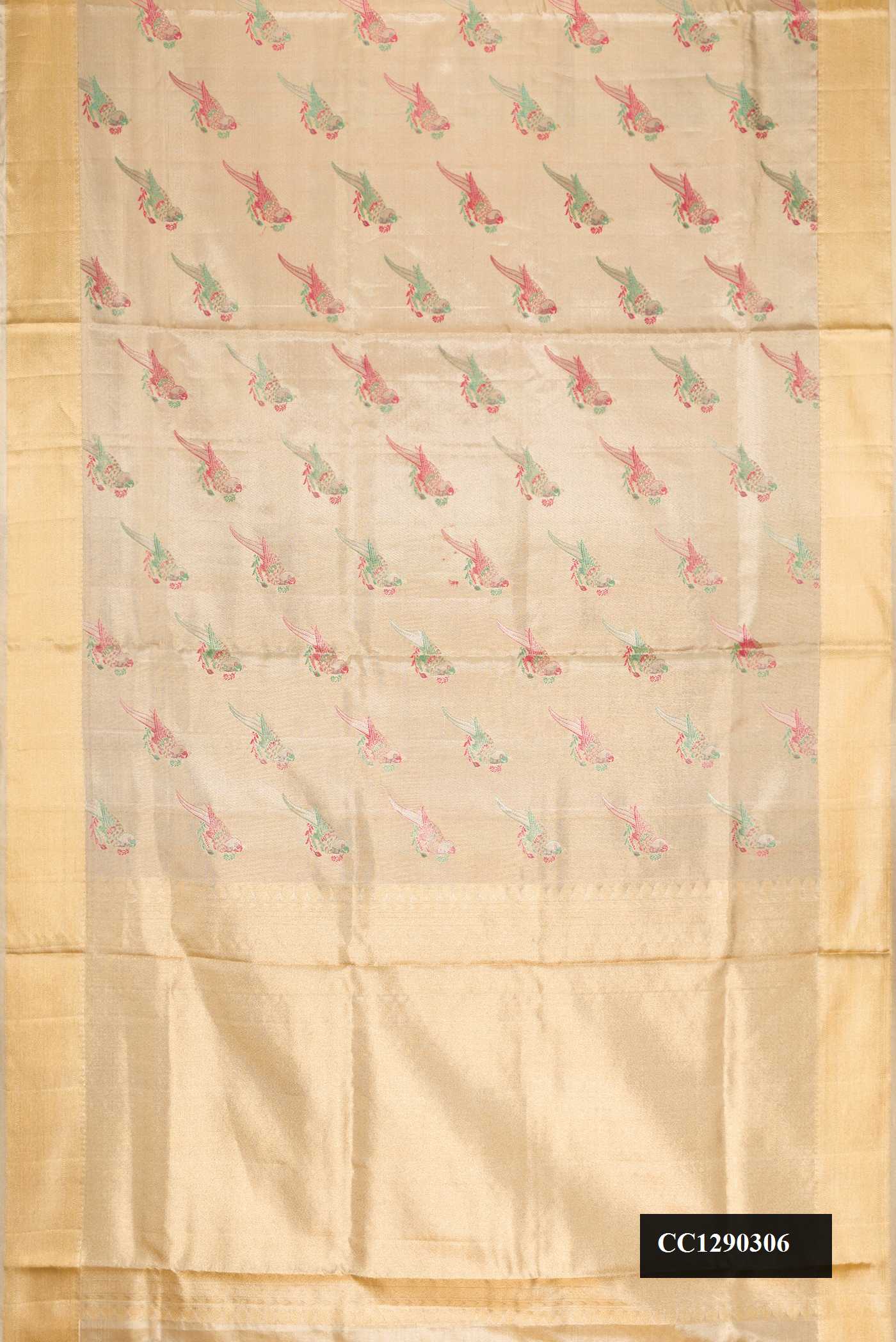 Gold Dual Tone Kanchipuram Tissue Silk Saree with Zari Brocade on the body and Zari Border.  displayed on a mannequin