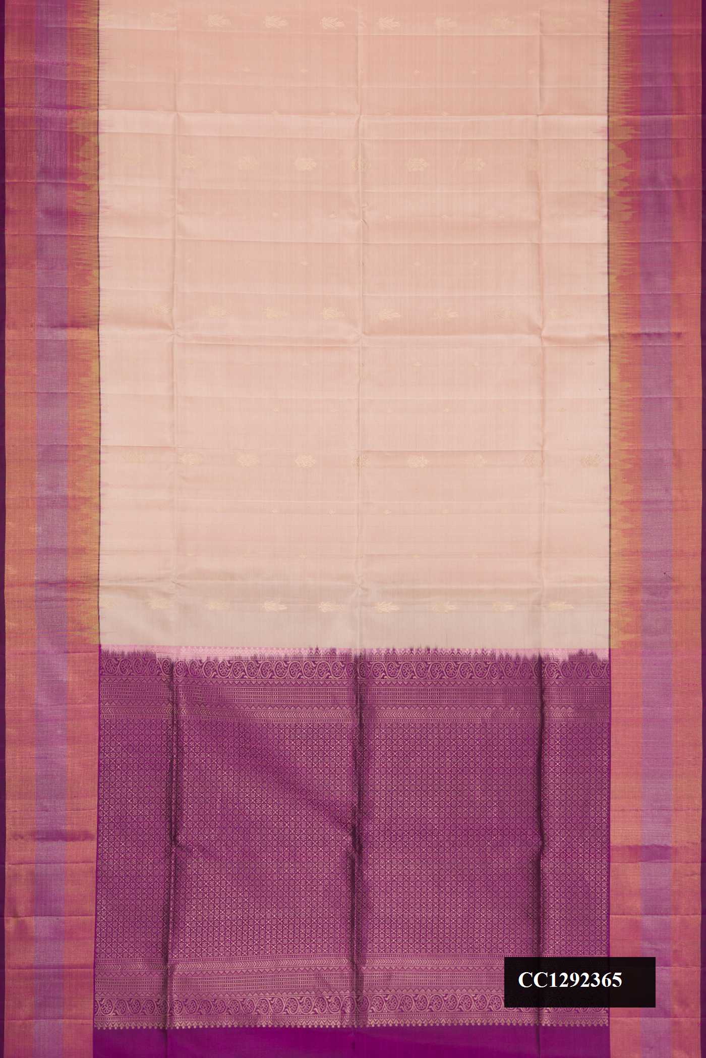 Beige Dual Tone Soft Silk Saree with Zari Butta on the body and Zari Border.  displayed on a mannequin