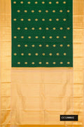 Bottle Green Dual Tone Kanchipuram Silk Saree with Zari Butta on the body and Zari Border.  displayed on a mannequin
