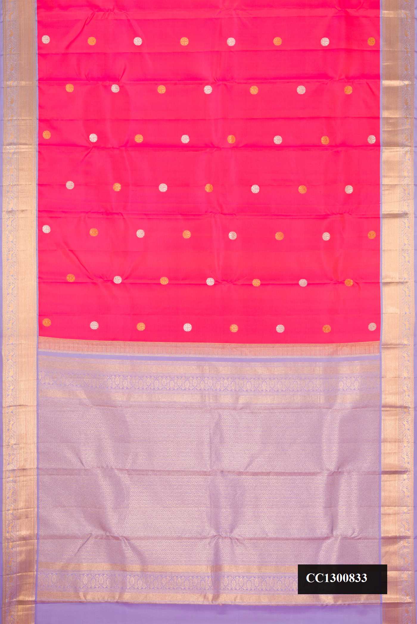 Pink Dual Tone Kanchipuram Silk Saree with Zari Butta on the body and Zari Border.  displayed on a mannequin