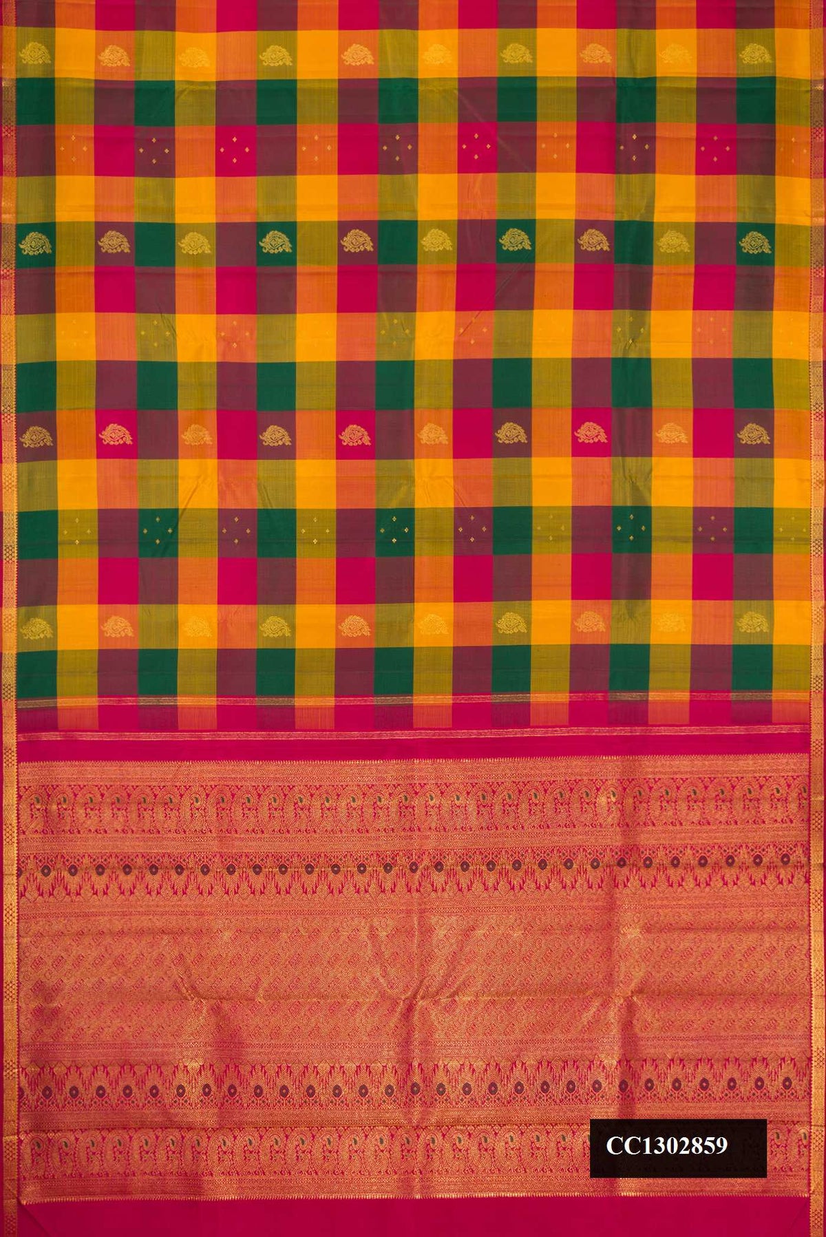 Green, Yellow and Maroon Dual Tone Kanchipuram Silk Saree with Checked design on the body and Zari Border.  displayed on a mannequin