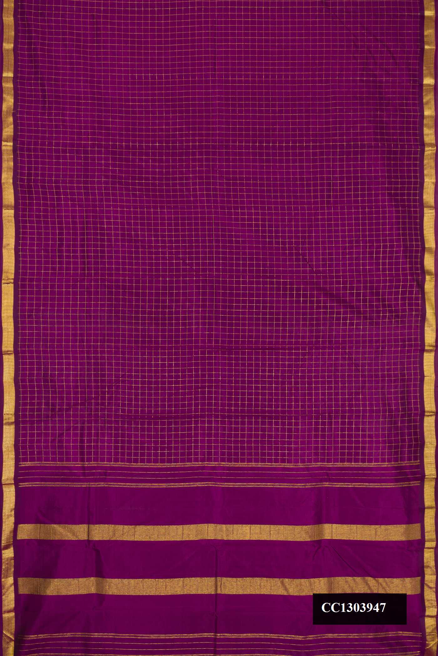 Purple Dual Tone Kanchipuram Silk Saree with Checked design on the body and Zari Border.  displayed on a mannequin