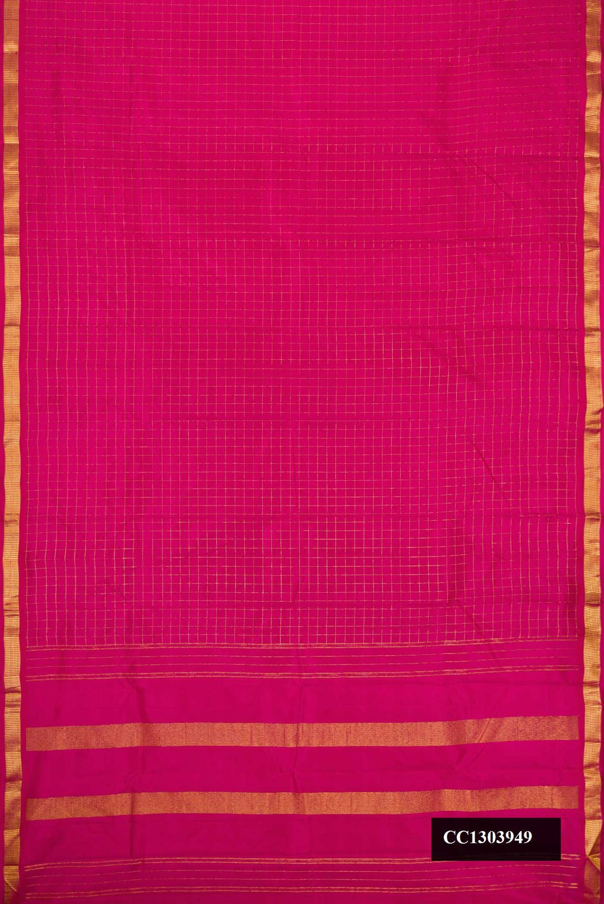 Pink Dual Tone Kanchipuram Silk Saree with Checked design on the body and Zari Border.  displayed on a mannequin