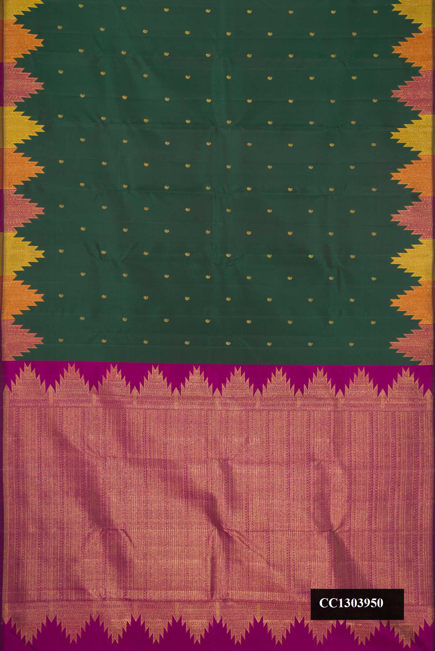 Bottle Green Dual Tone Kanchipuram Silk Saree with Zari Butta on the body and Temple Border.  displayed on a mannequin
