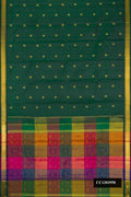 Bottle Green Dual Tone Kanchipuram Silk Saree with Checked design on the body and Zari Border.  displayed on a mannequin