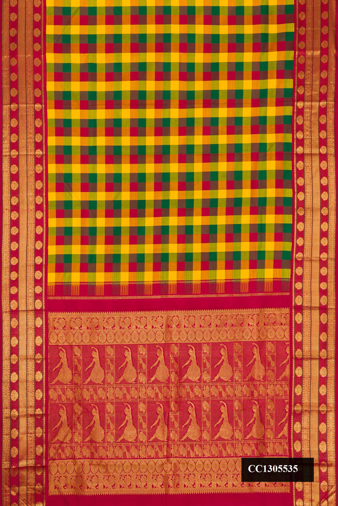 Yellow, Green and Maroon Dual Tone Kanchipuram Silk Saree with Zari Butta on the body and Zari Border.  displayed on a mannequin