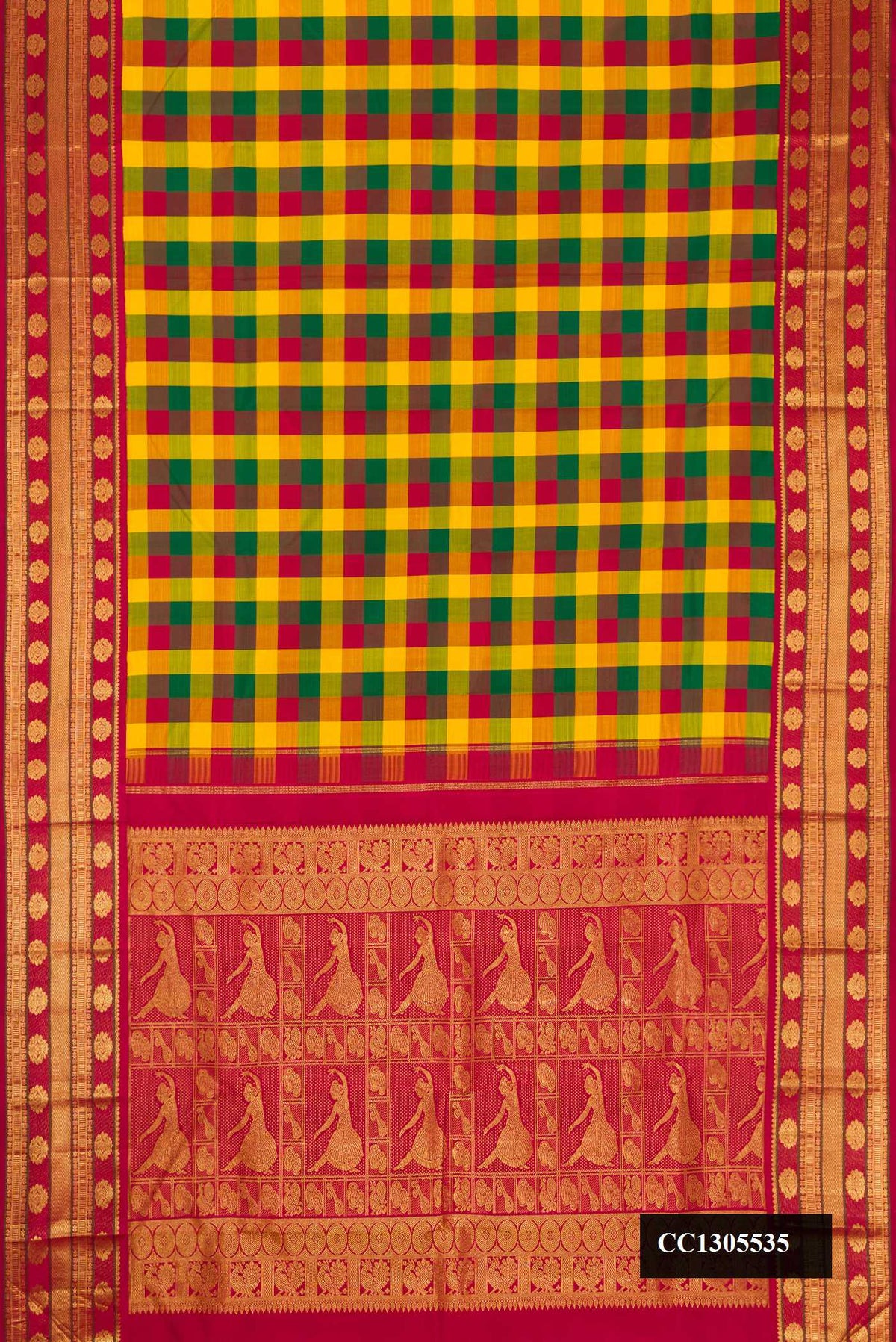 Yellow, Green and Maroon Dual Tone Kanchipuram Silk Saree with Zari Butta on the body and Zari Border.  displayed on a mannequin
