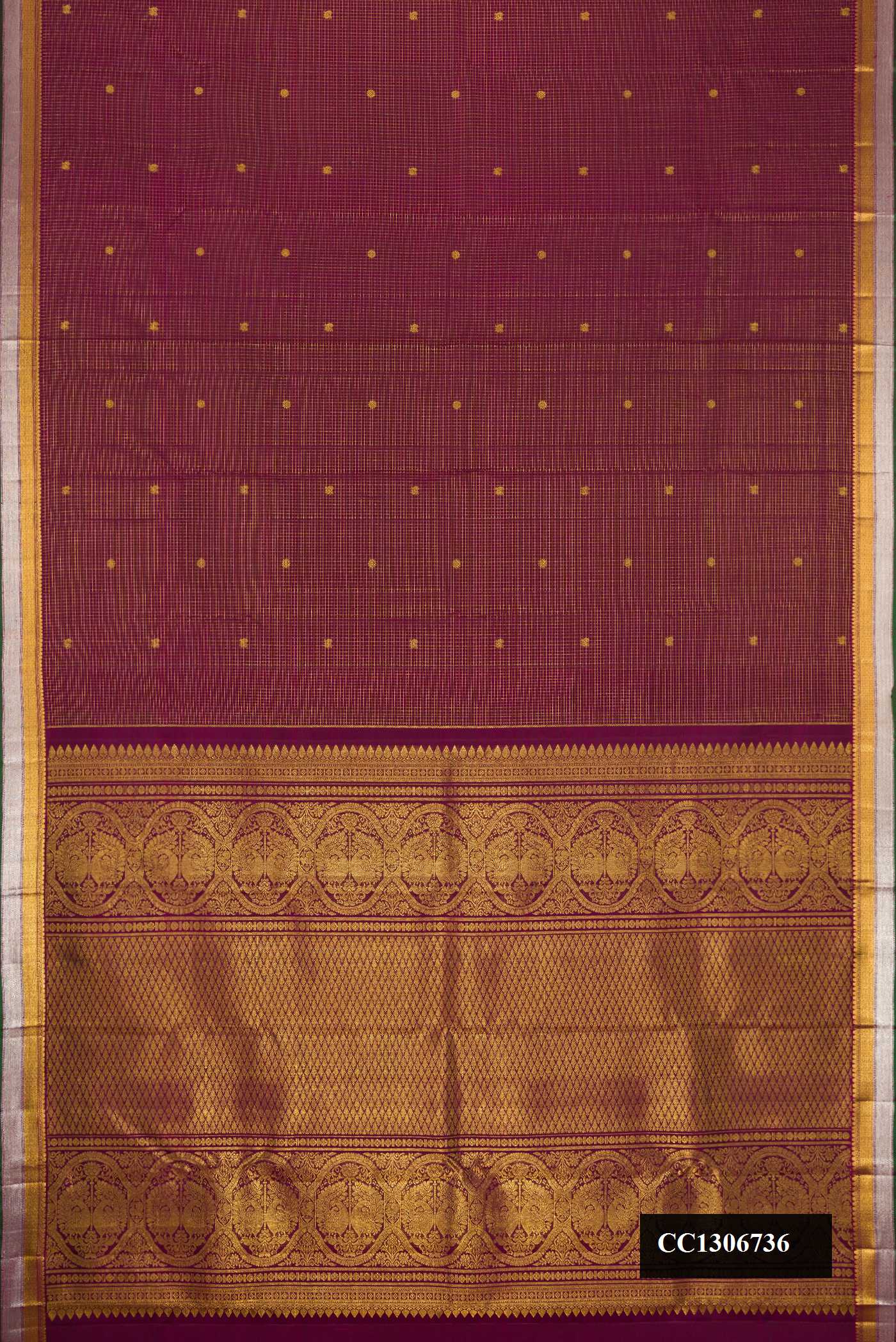 Burgundy Dual Tone Kanchipuram Silk Saree with Checked design on the body and Zari Border.  displayed on a mannequin