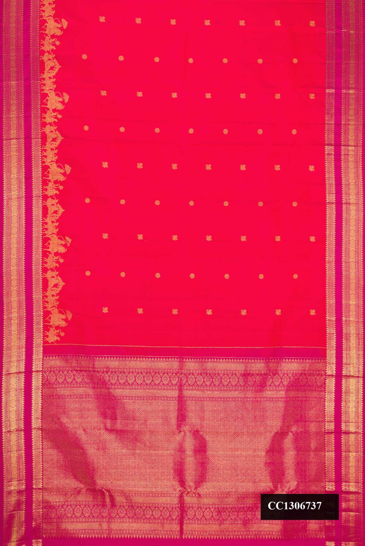 Coral Dual Tone Kanchipuram Silk Saree with Zari Butta on the body and Fancy Border.  displayed on a mannequin