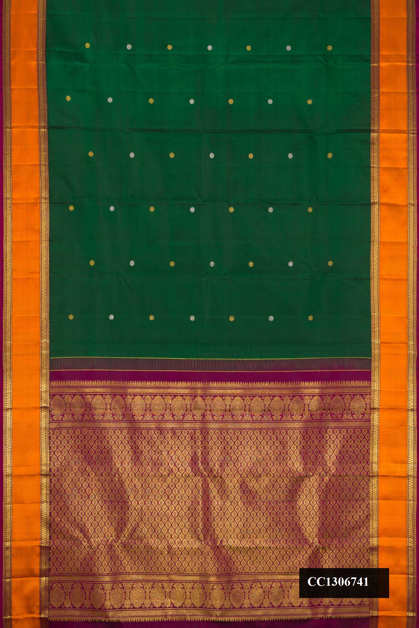 Bottle Green Dual Tone Kanchipuram Silk Saree with Zari Butta on the body and Zari And Thread Border.  displayed on a mannequin