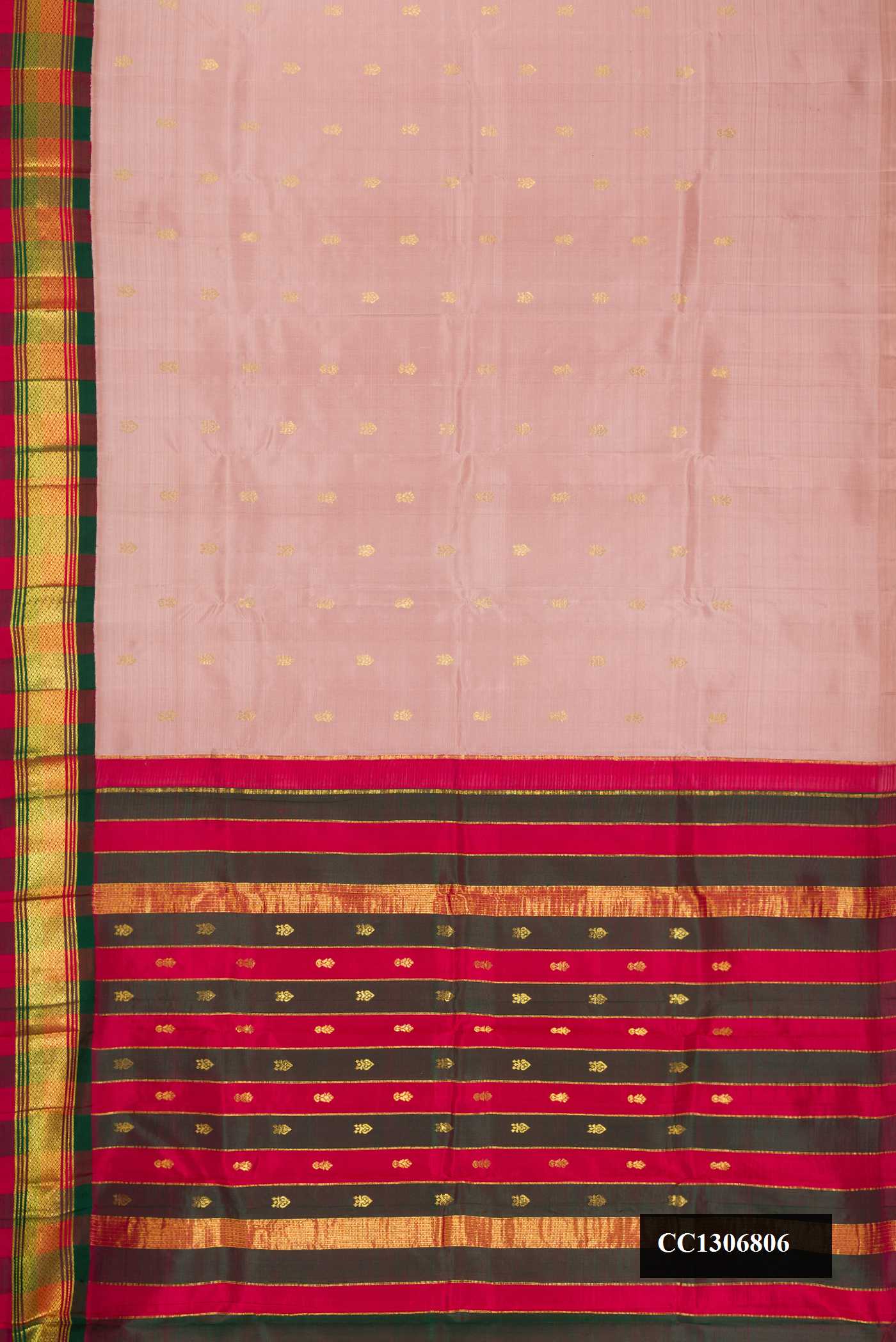 Rose Gold Dual Tone Kanchipuram Silk Saree with Zari Butta on the body and One Side Border.  displayed on a mannequin