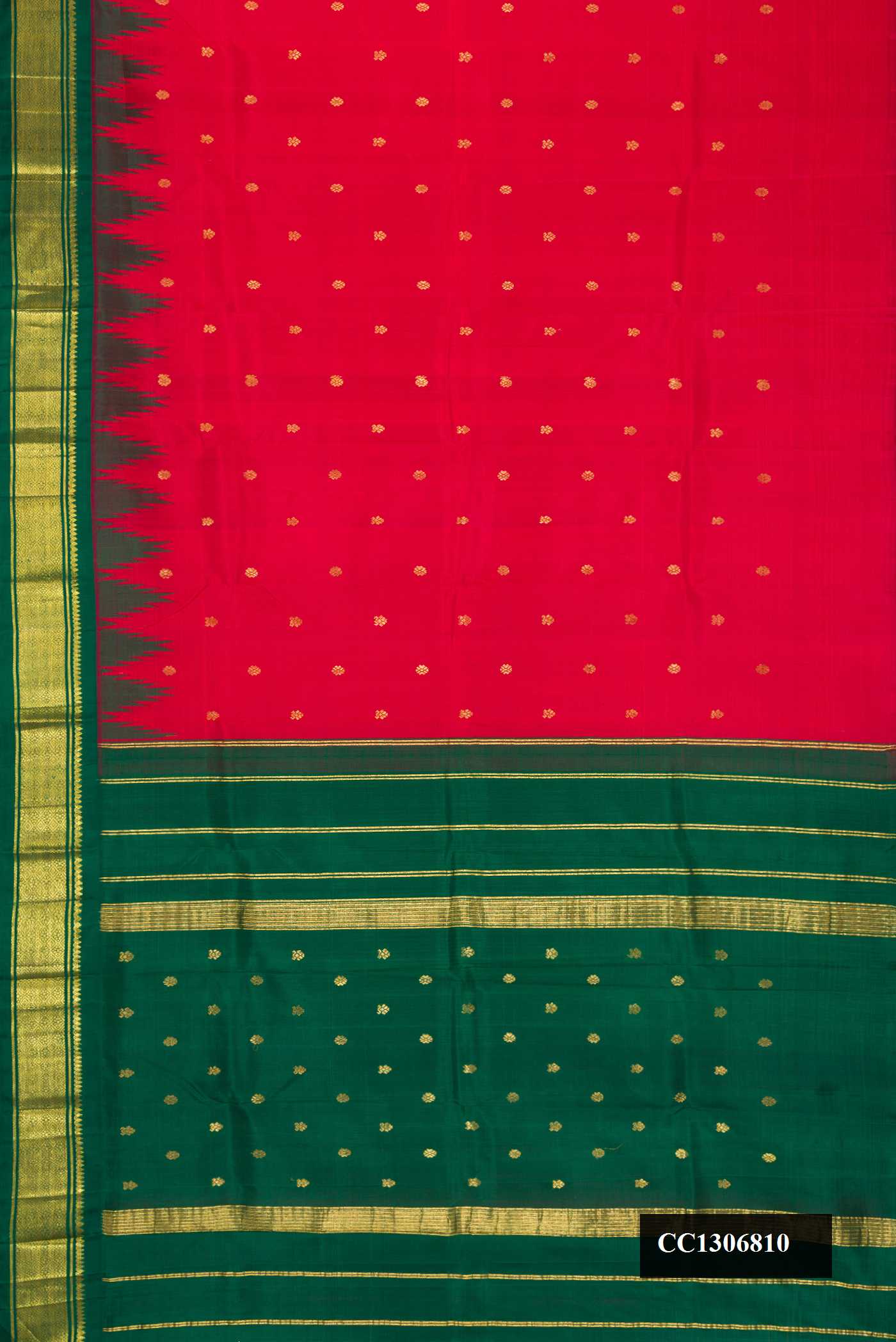 Red Dual Tone Kanchipuram Silk Saree with Zari Butta on the body and One Side Border.  displayed on a mannequin