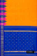 Yellow Dual Tone Kanchipuram Silk Saree with Zari Butta on the body and One Side Border.  displayed on a mannequin