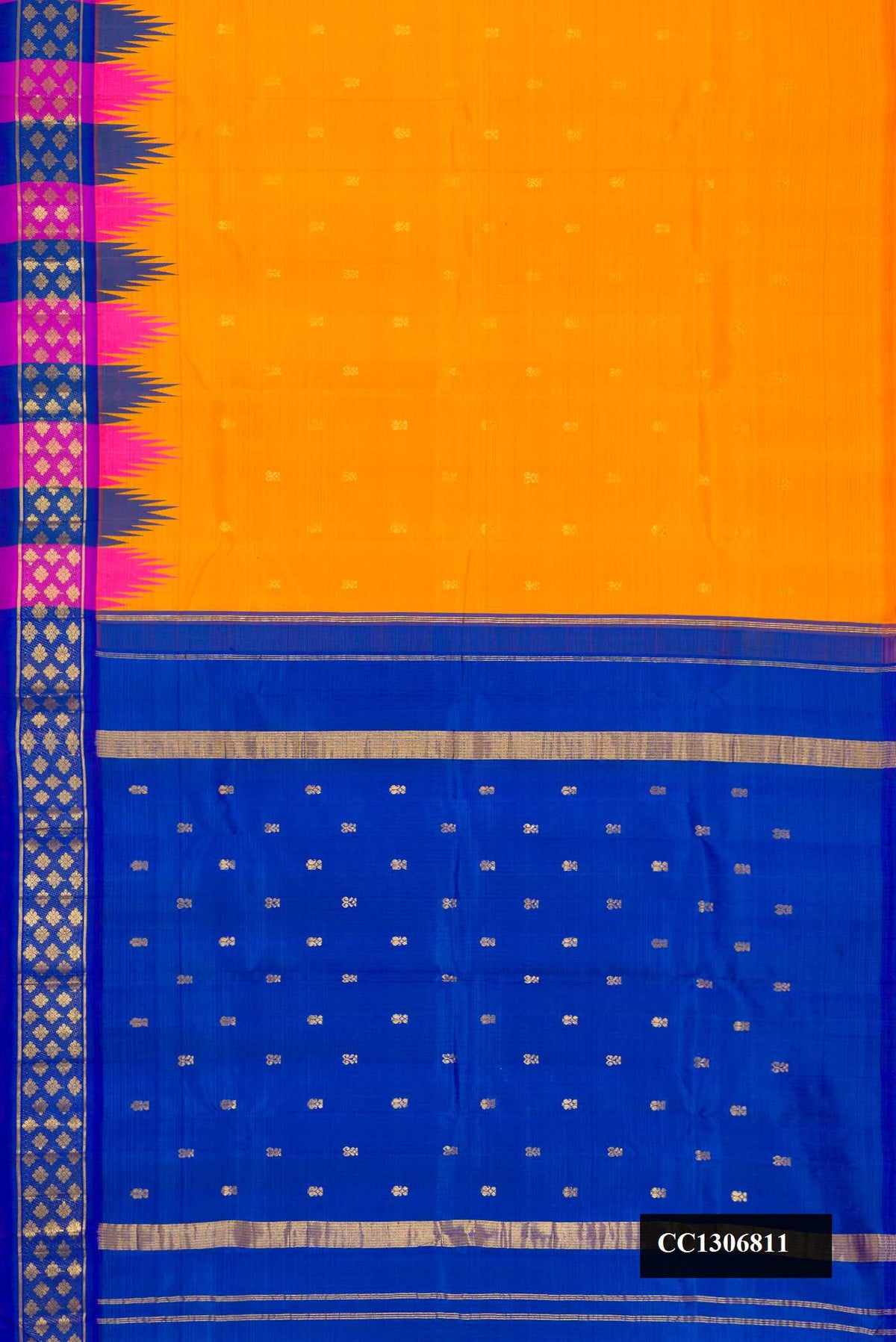 Yellow Dual Tone Kanchipuram Silk Saree with Zari Butta on the body and One Side Border.  displayed on a mannequin