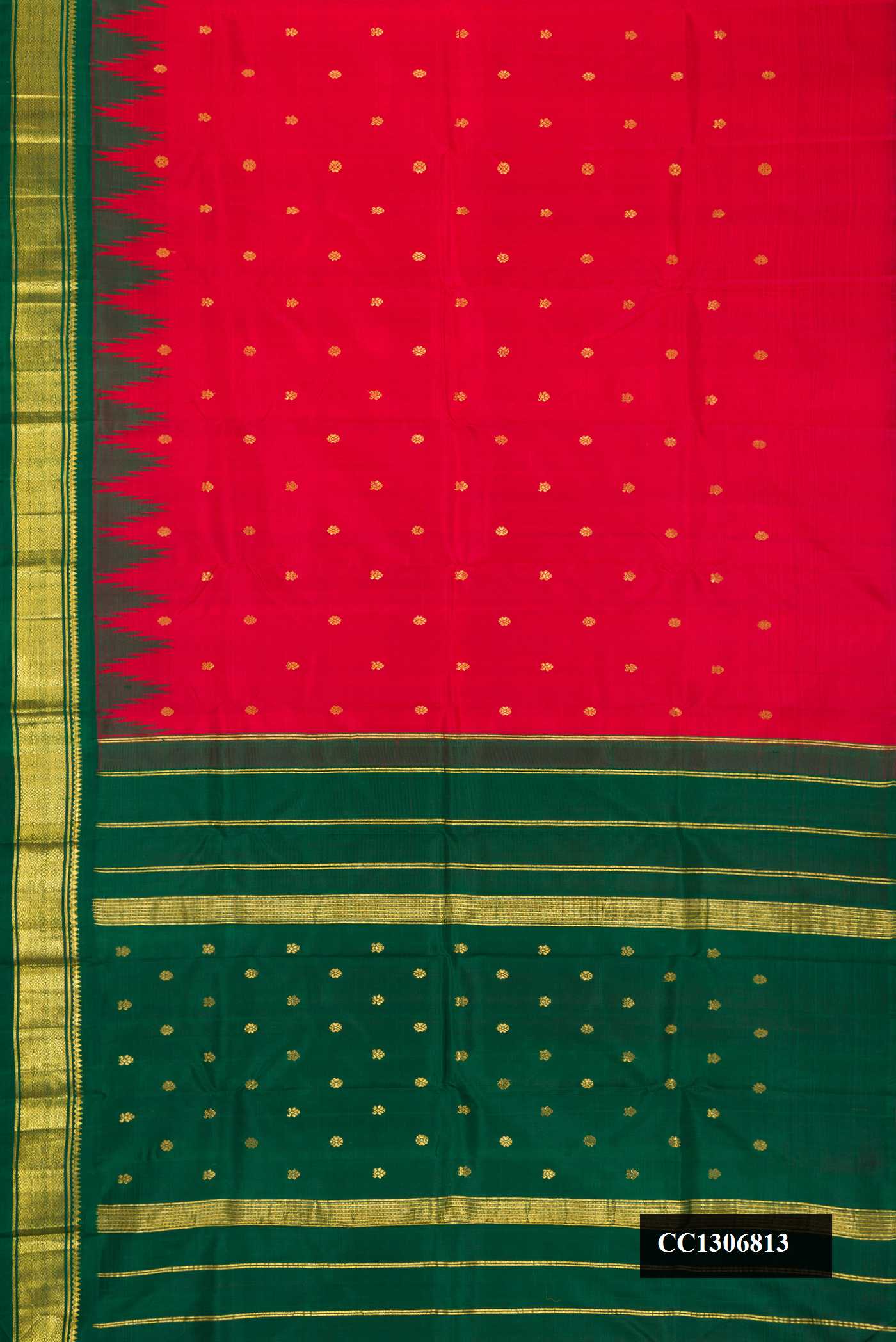 Red Dual Tone Kanchipuram Silk Saree with Zari Butta on the body and One Side Border.  displayed on a mannequin