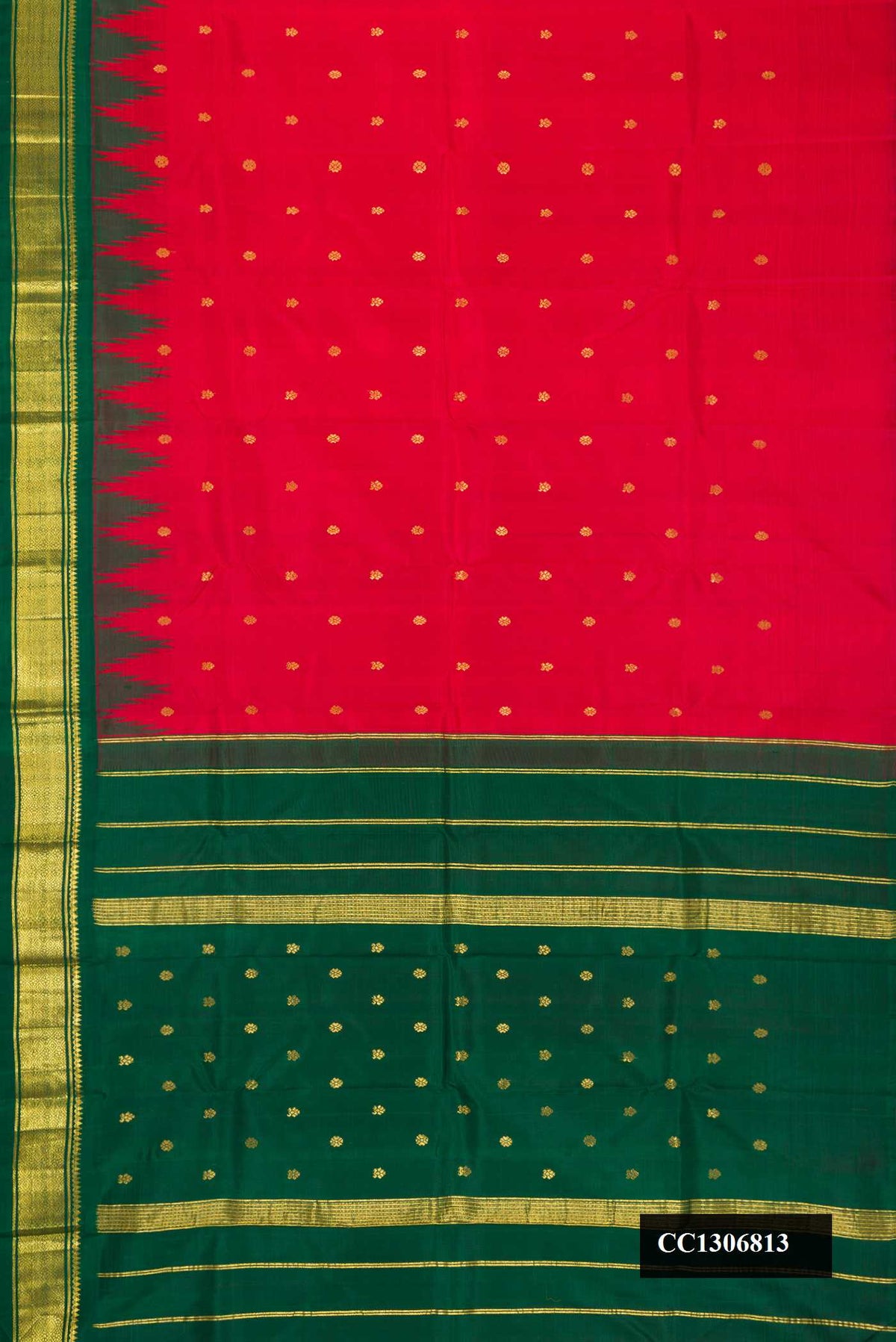 Red Dual Tone Kanchipuram Silk Saree with Zari Butta on the body and One Side Border.  displayed on a mannequin