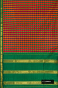 Orange, Green and Maroon Dual Tone Kanchipuram Silk Saree with Zari Butta on the body and One Side Border.  displayed on a mannequin