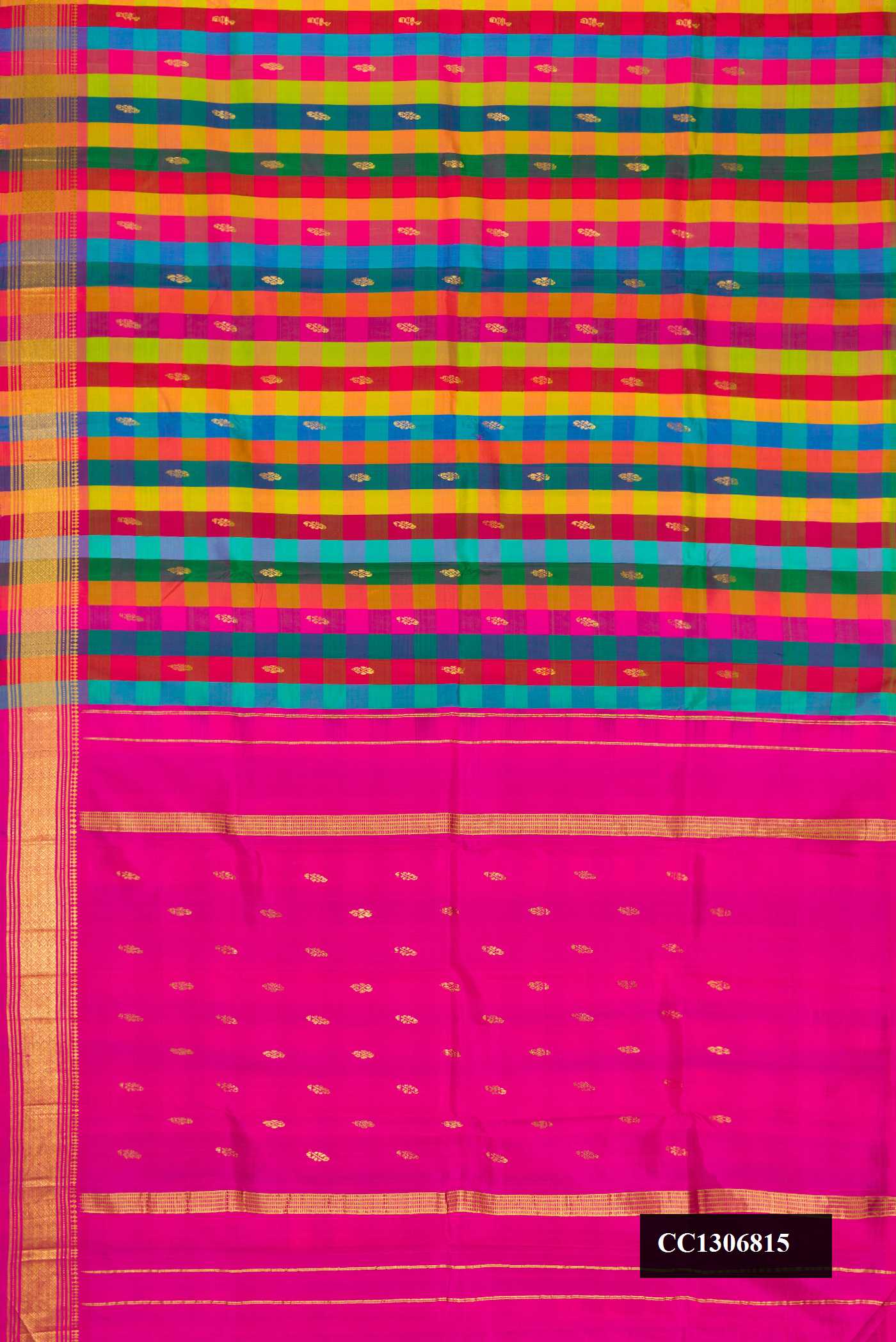 Parrot Green, Peacock Blue and Pink Dual Tone Kanchipuram Silk Saree with Zari Butta on the body and One Side Border.  displayed on a mannequin