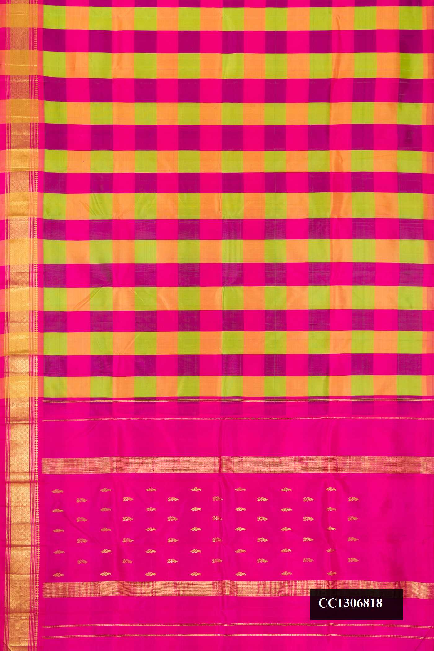 Parrot Green and Dark Pink Dual Tone Kanchipuram Silk Saree with Zari Butta on the body and One Side Border.  displayed on a mannequin