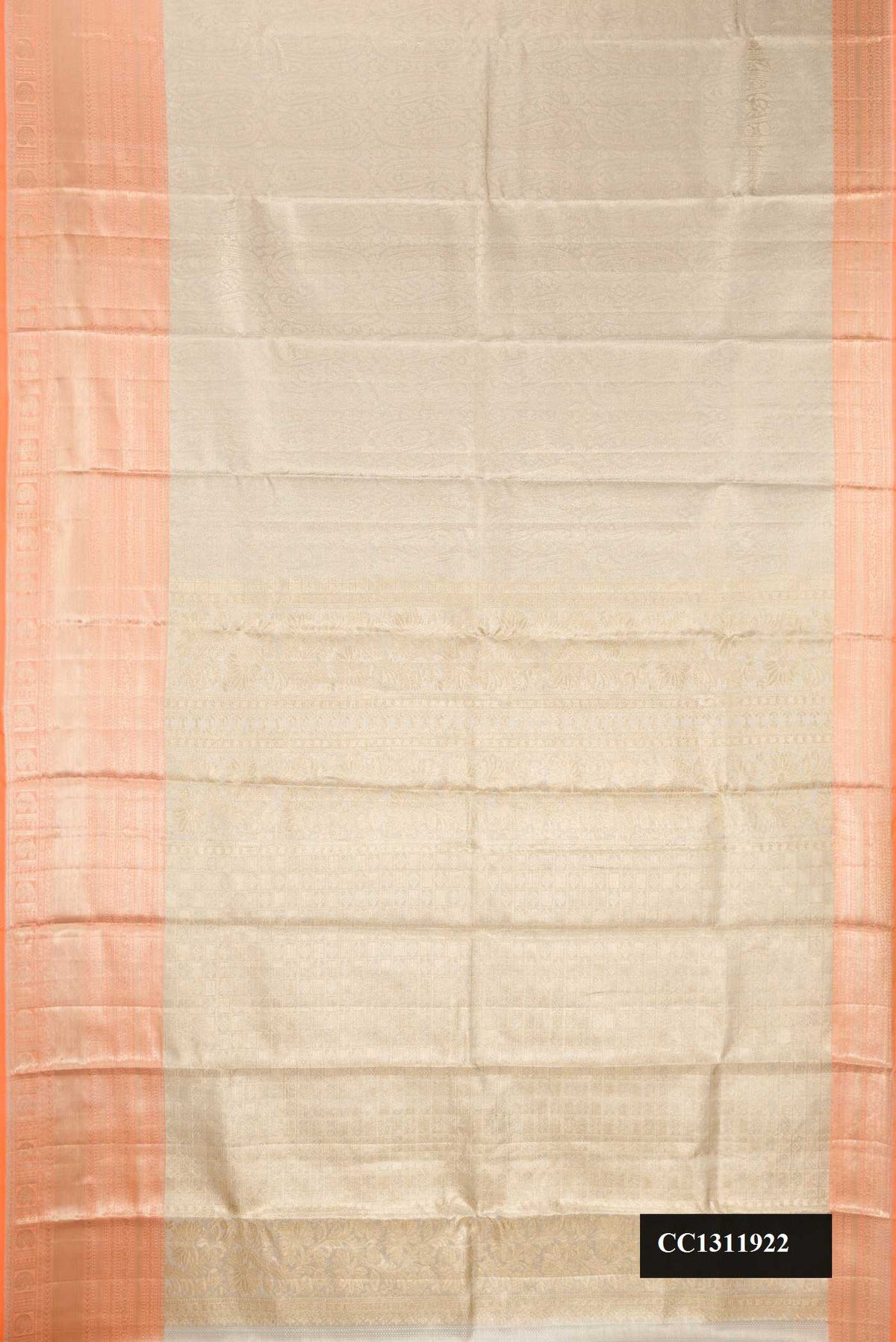 Silver Dual Tone Kanchipuram Tissue Silk Saree with Zari Brocade on the body and Zari Border.  displayed on a mannequin