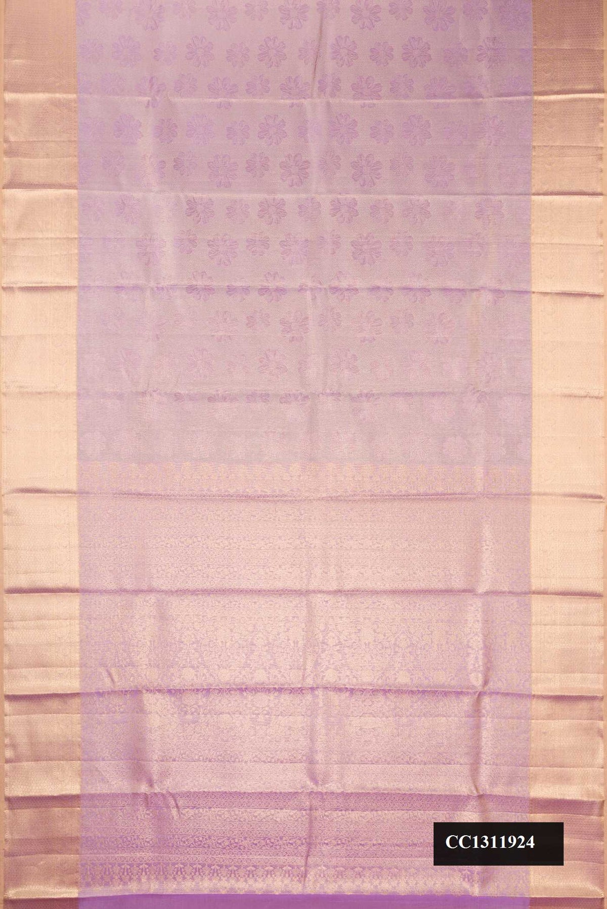 Lavender Dual Tone Kanchipuram Tissue Silk Saree with Zari Brocade on the body and Zari Border.  displayed on a mannequin
