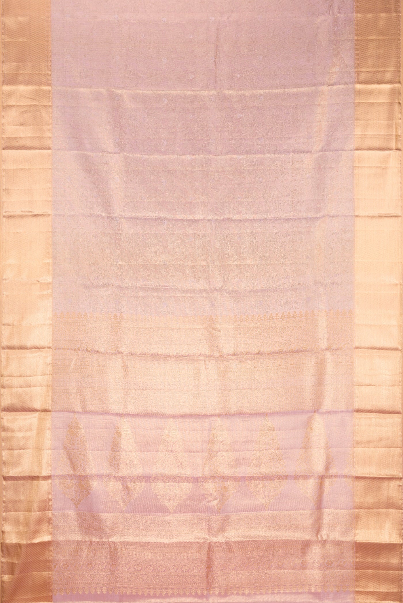 Rose Gold Dual Tone Kanchipuram Tissue Silk Saree with Zari Brocade on the body and Zari Border.  displayed on a mannequin