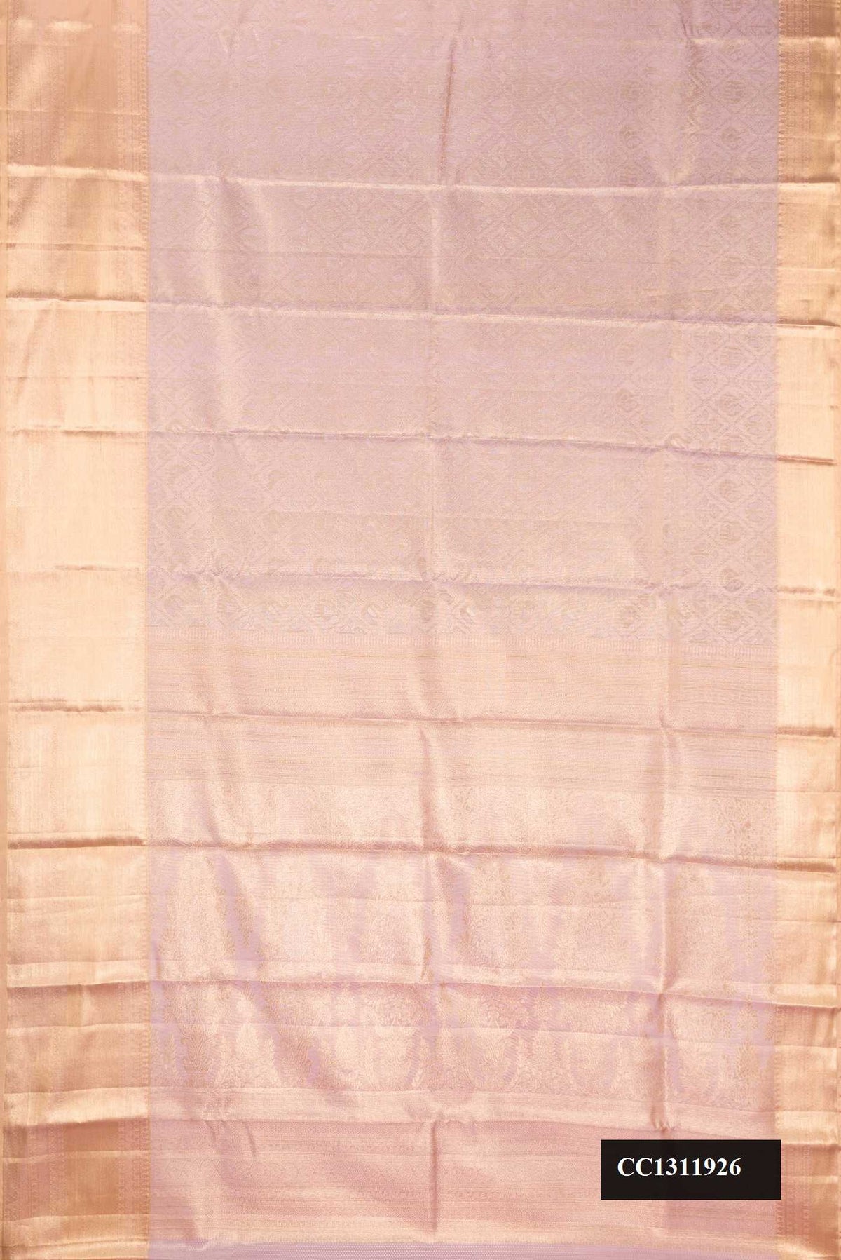Rose Gold Dual Tone Kanchipuram Tissue Silk Saree with Zari Brocade on the body and Zari Border.  displayed on a mannequin