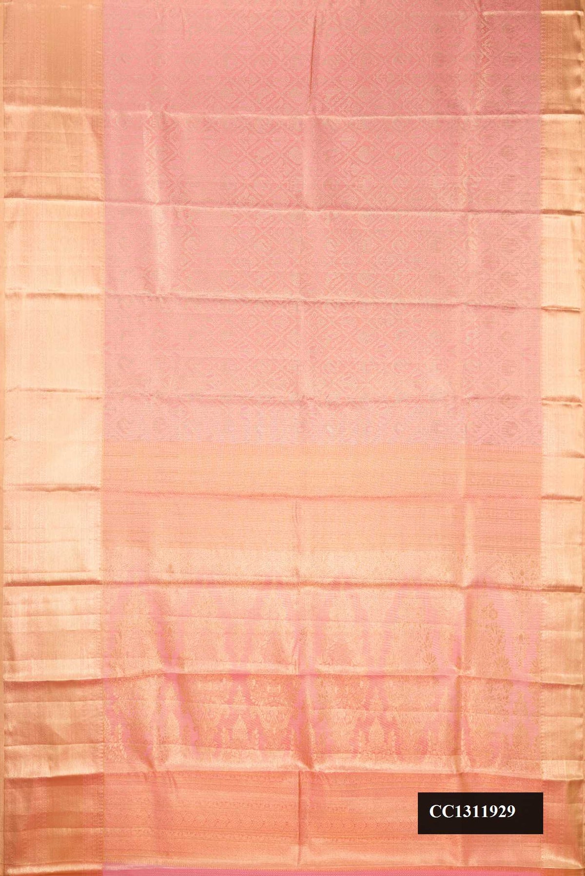 Golden Peach Dual Tone Kanchipuram Tissue Silk Saree with Zari Brocade on the body and Zari Border.  displayed on a mannequin
