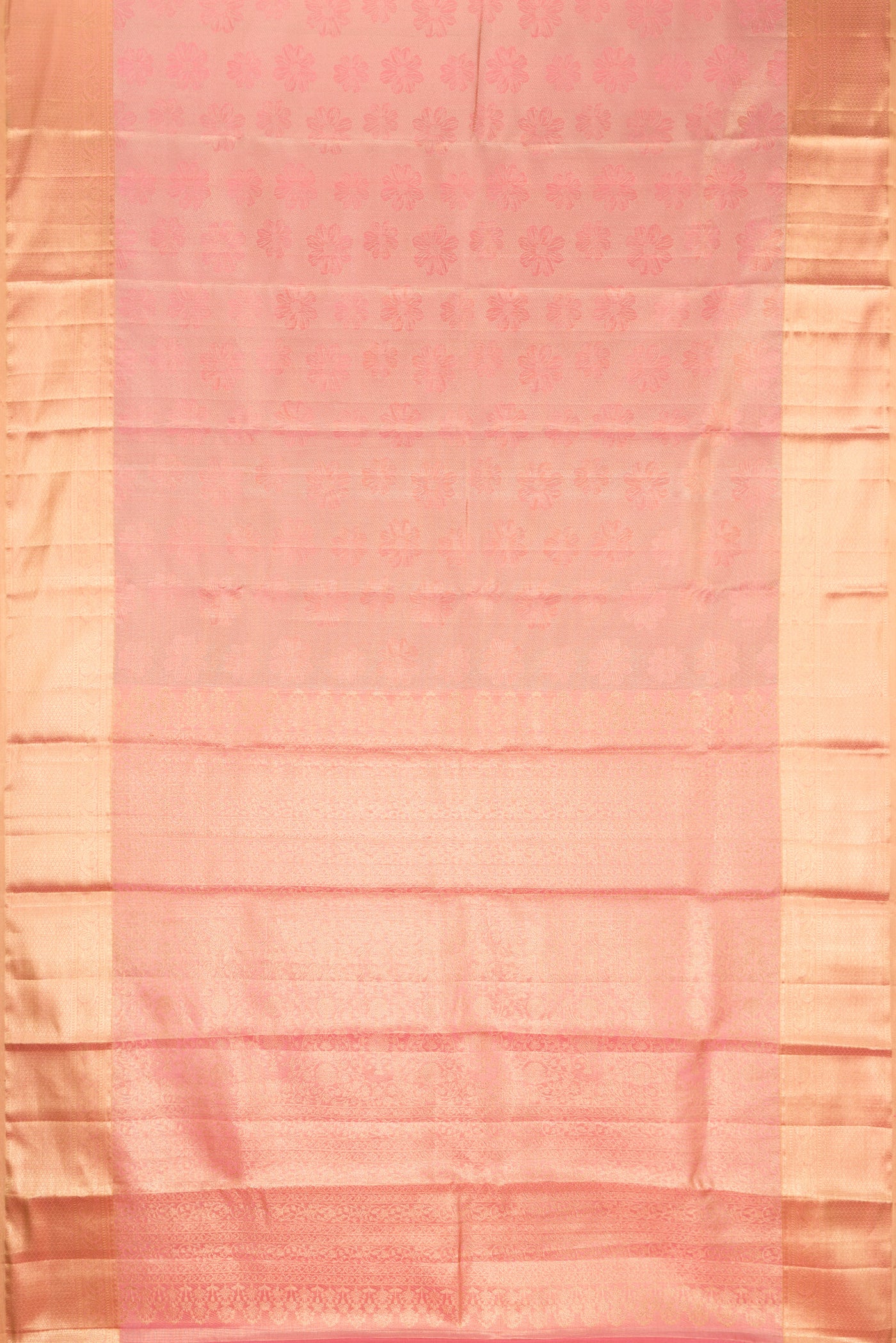 Rose Gold Dual Tone Kanchipuram Tissue Silk Saree with Zari Brocade on the body and Fancy Border.  displayed on a mannequin