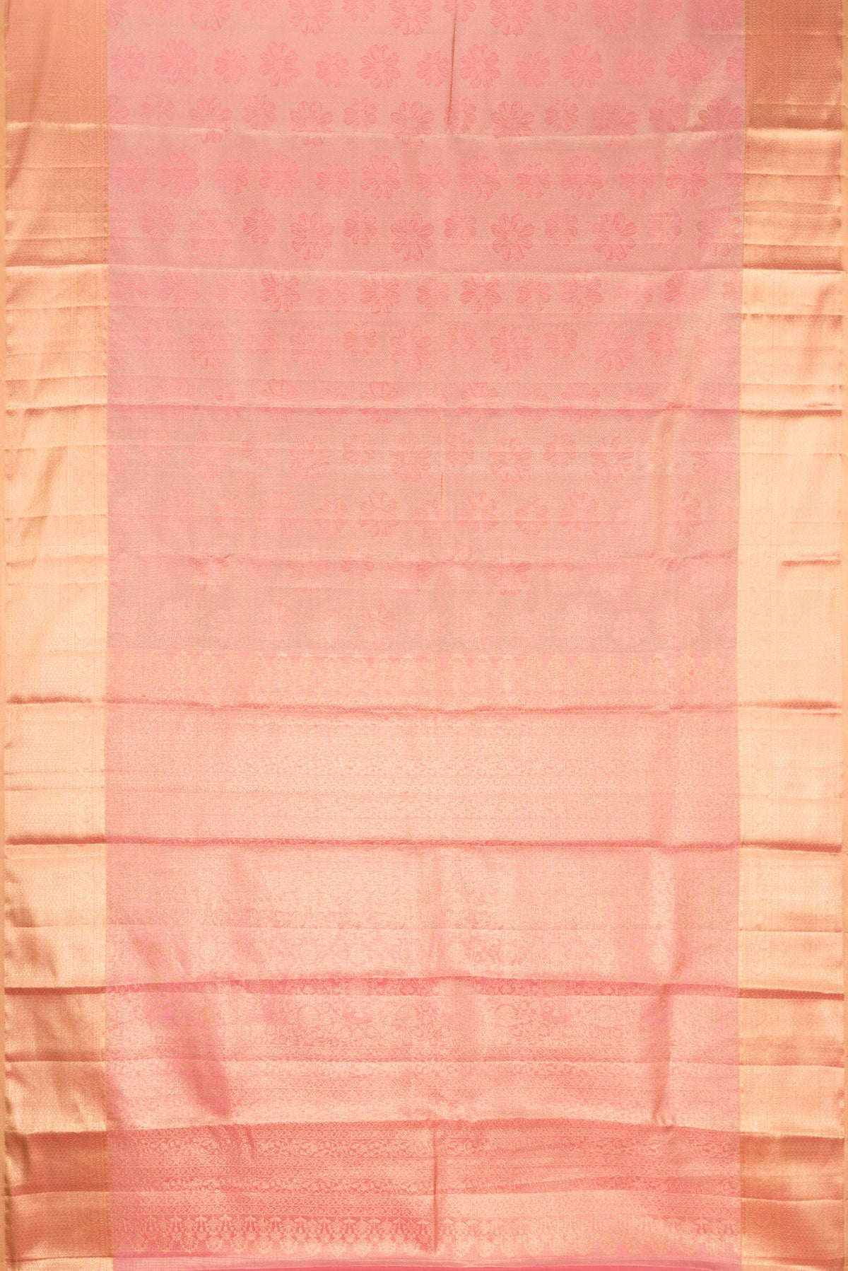 Rose Gold Dual Tone Kanchipuram Tissue Silk Saree with Zari Brocade on the body and Fancy Border.  displayed on a mannequin