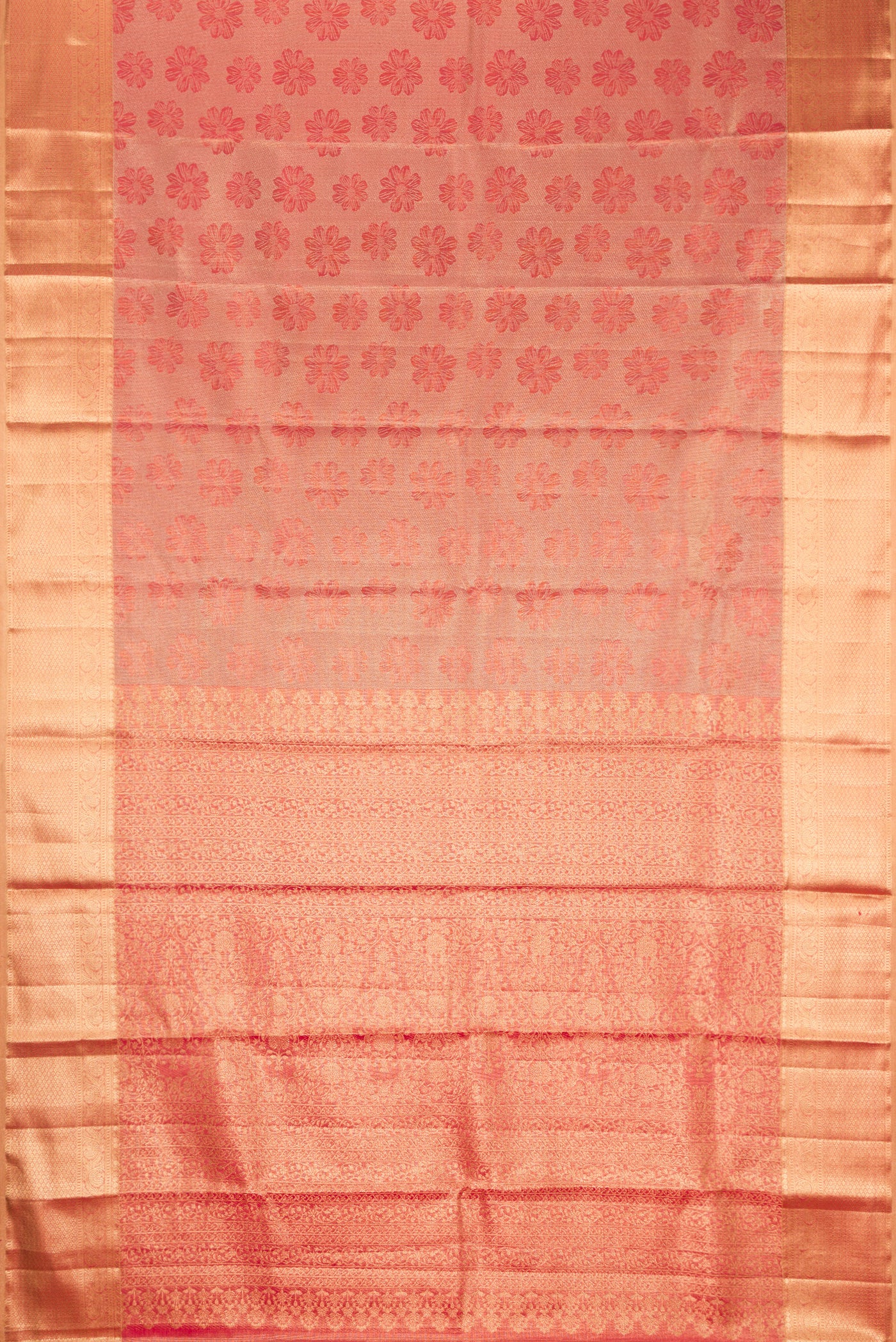 Rose Gold Dual Tone Kanchipuram Tissue Silk Saree with Zari Brocade on the body and Fancy Border.  displayed on a mannequin