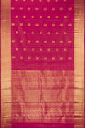 Dark Pink Dual Tone Kanchipuram Silk Saree with Stripes on the body and Zari Border.  displayed on a mannequin