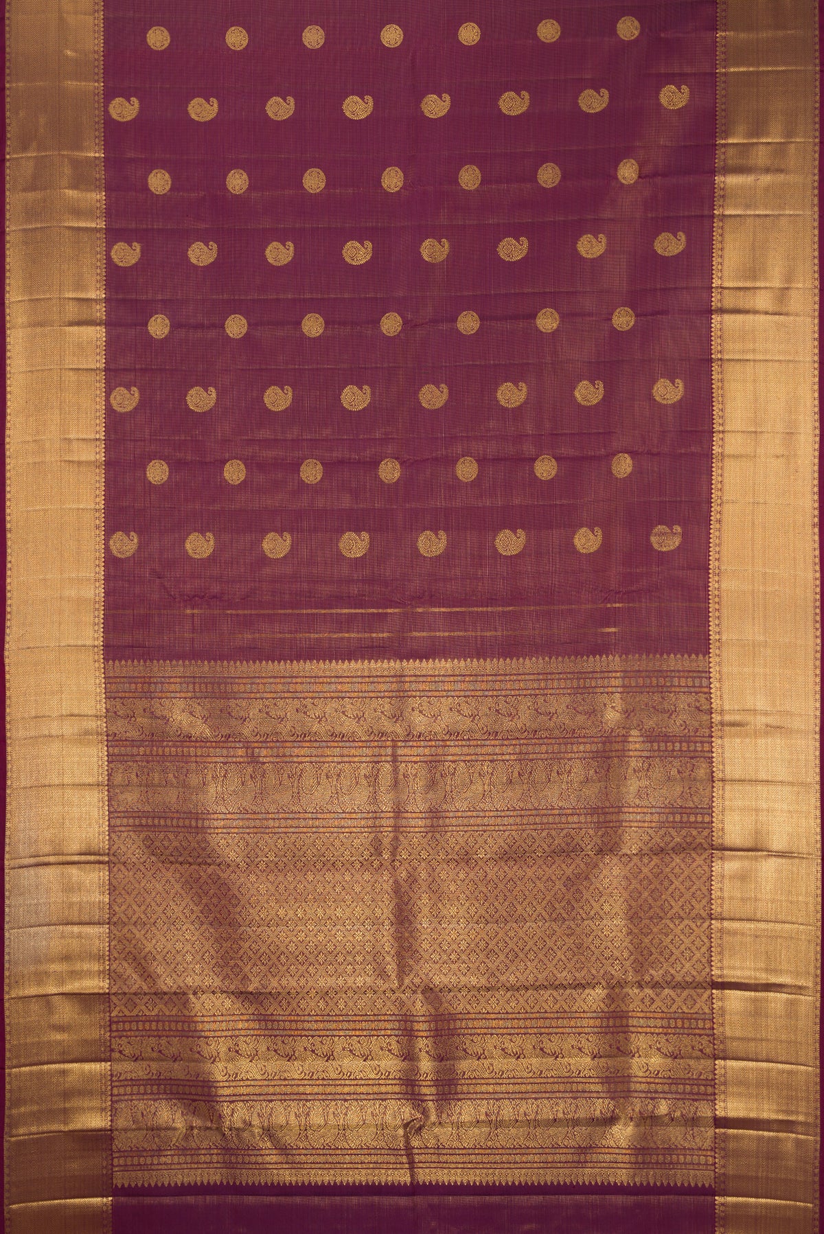 Coffee Brown Dual Tone Kanchipuram Silk Saree with Stripes on the body and Zari Border.  displayed on a mannequin