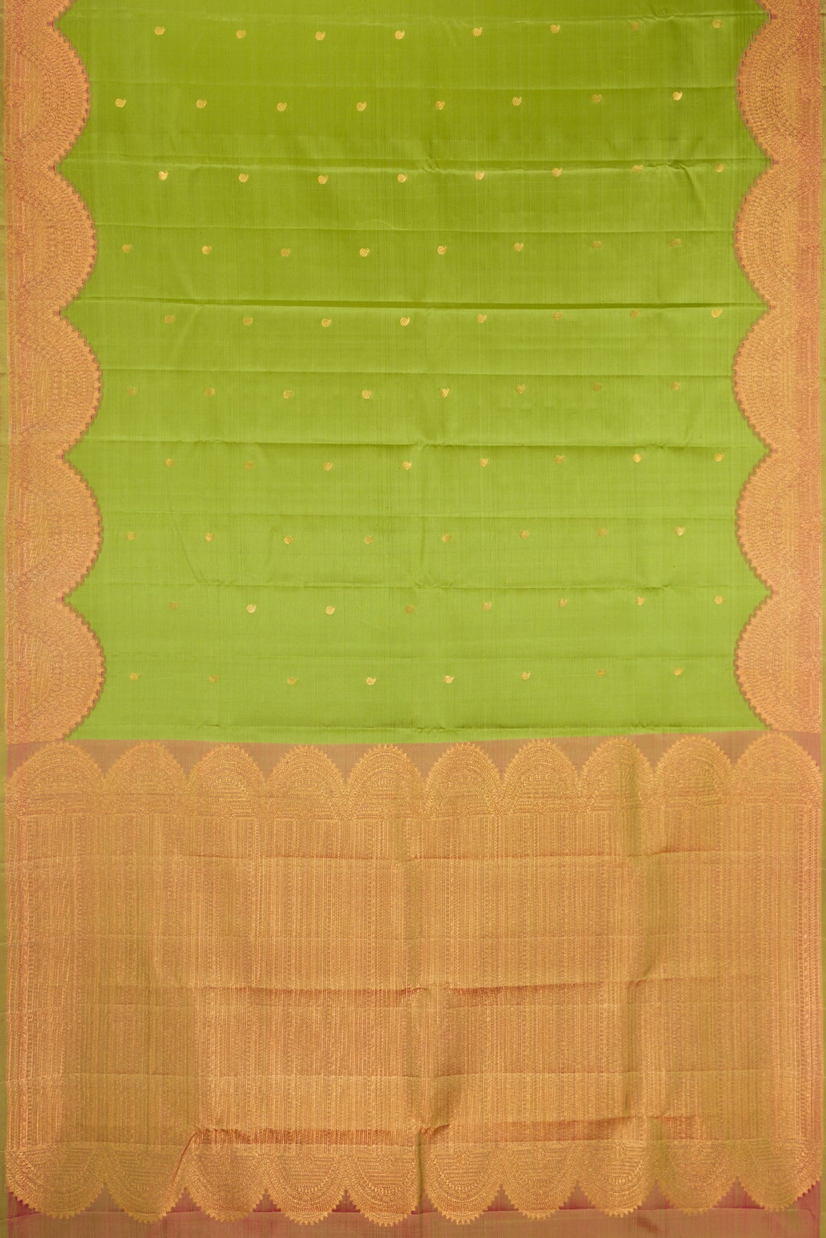 Parrot Green Dual Tone Kanchipuram Silk Saree with Zari Butta on the body and Fancy Border.  displayed on a mannequin