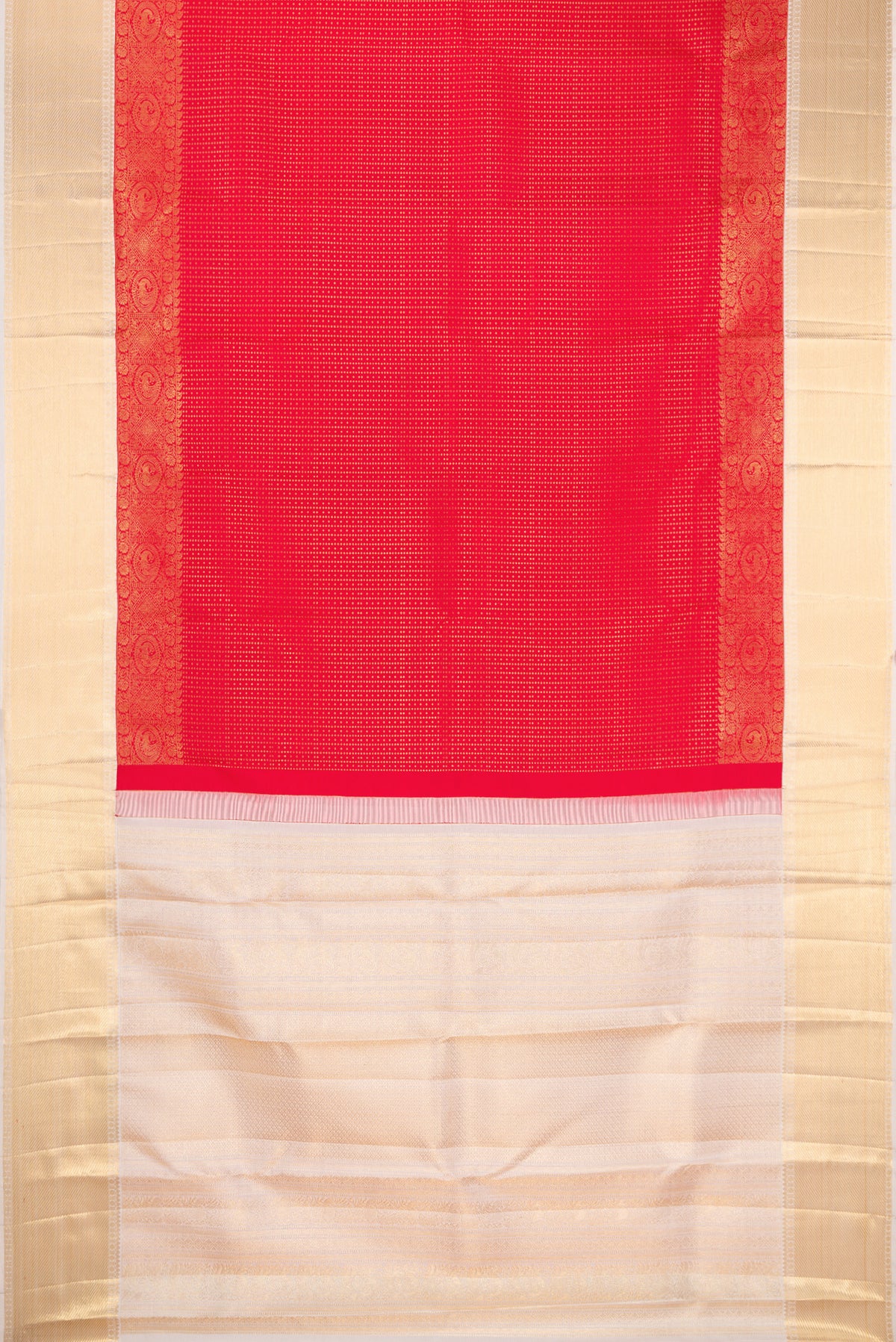 Red Dual Tone Kanchipuram Silk Saree with Zari Brocade on the body and Zari Border.  displayed on a mannequin