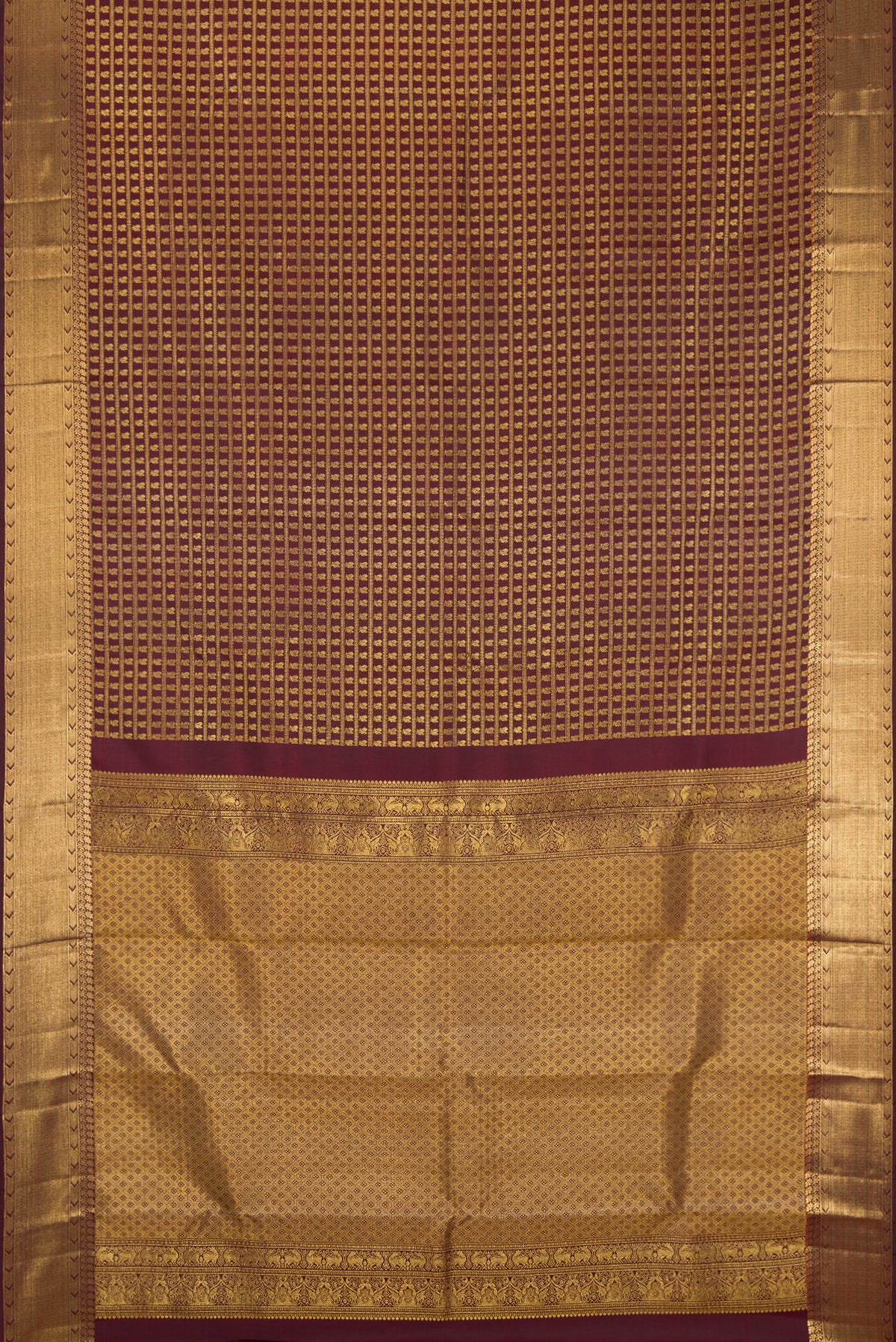 Coffee Brown Dual Tone Kanchipuram Silk Saree with Zari Brocade on the body and Zari Border.  displayed on a mannequin