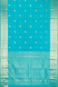 Sky Blue Dual Tone Kanchipuram Silk Saree with Zari Butta on the body and Zari Border.  displayed on a mannequin