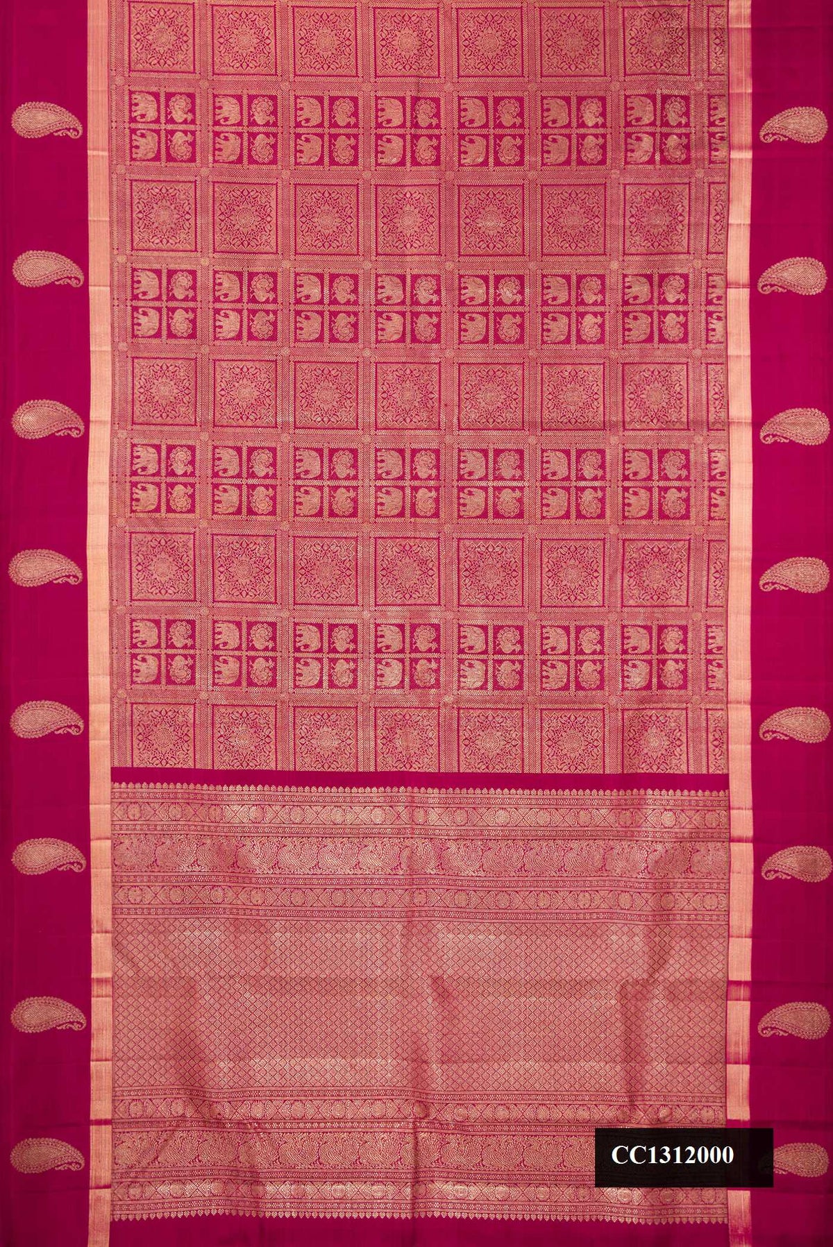 Magenta Dual Tone Kanchipuram Silk Saree with Zari Brocade on the body and Fancy Border.  displayed on a mannequin