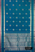 Peacock Blue Dual Tone Kanchipuram Silk Saree with Zari Butta on the body and Zari Border.  displayed on a mannequin