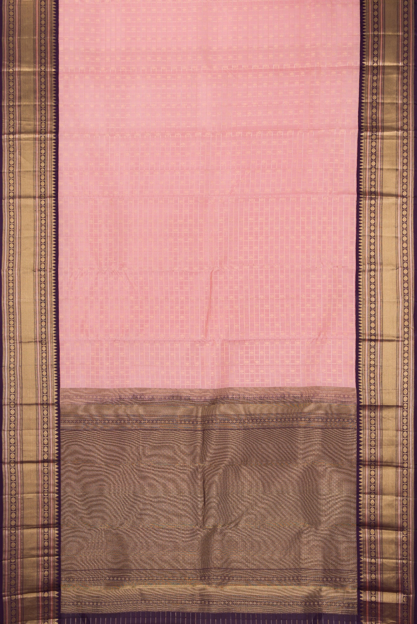 Rose pink Dual Tone Kanchipuram Silk Saree with Checked design on the body and Fancy Border.  displayed on a mannequin