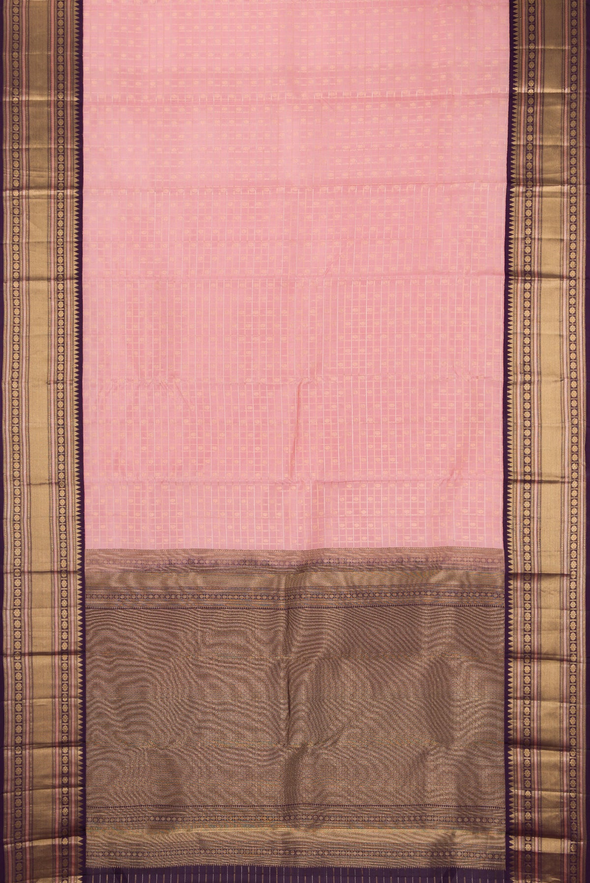Rose pink Dual Tone Kanchipuram Silk Saree with Checked design on the body and Fancy Border.  displayed on a mannequin