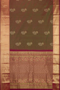 Mehandi Green Dual Tone Kanchipuram Silk Saree with Zari Butta on the body and Zari Border.  displayed on a mannequin
