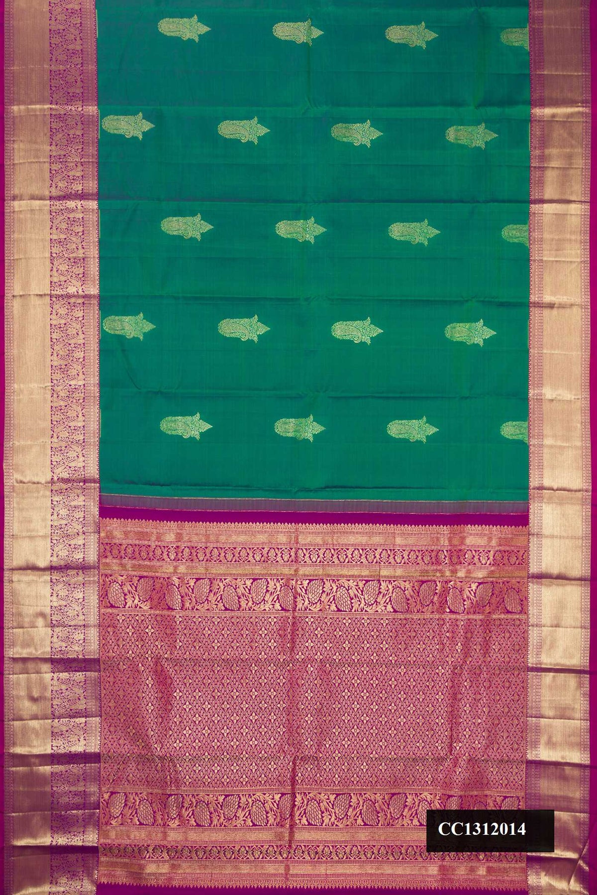 Peacock Blue Dual Tone Kanchipuram Silk Saree with Zari Butta on the body and Zari Border.  displayed on a mannequin