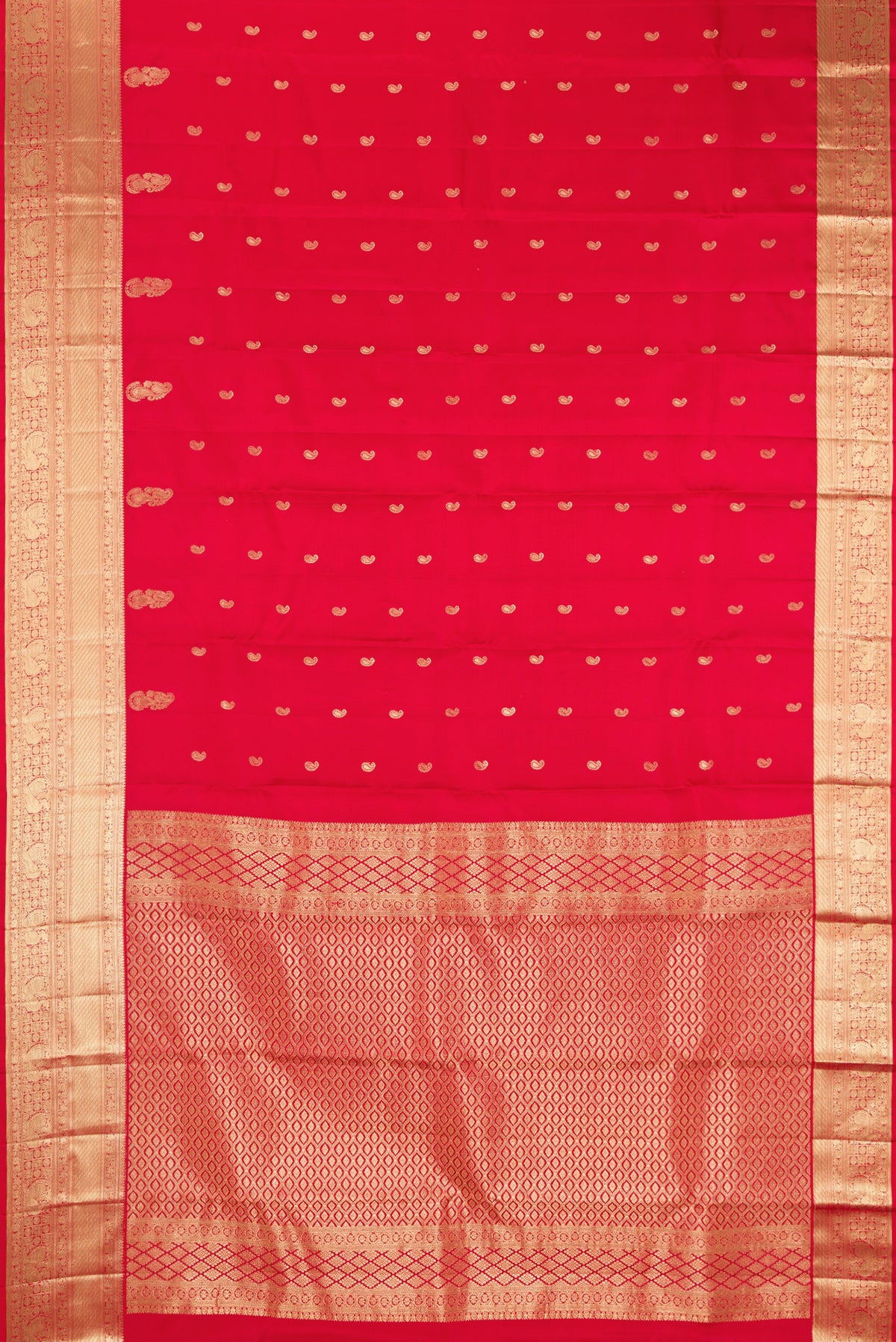 Red Dual Tone Kanchipuram Silk Saree with Zari Butta on the body and Zari Border.  displayed on a mannequin