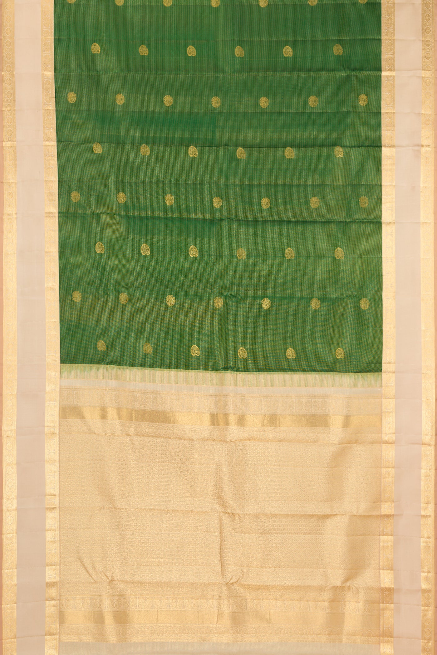 Green Dual Tone Kanchipuram Silk Saree with Stripes on the body and Fancy Border.  displayed on a mannequin